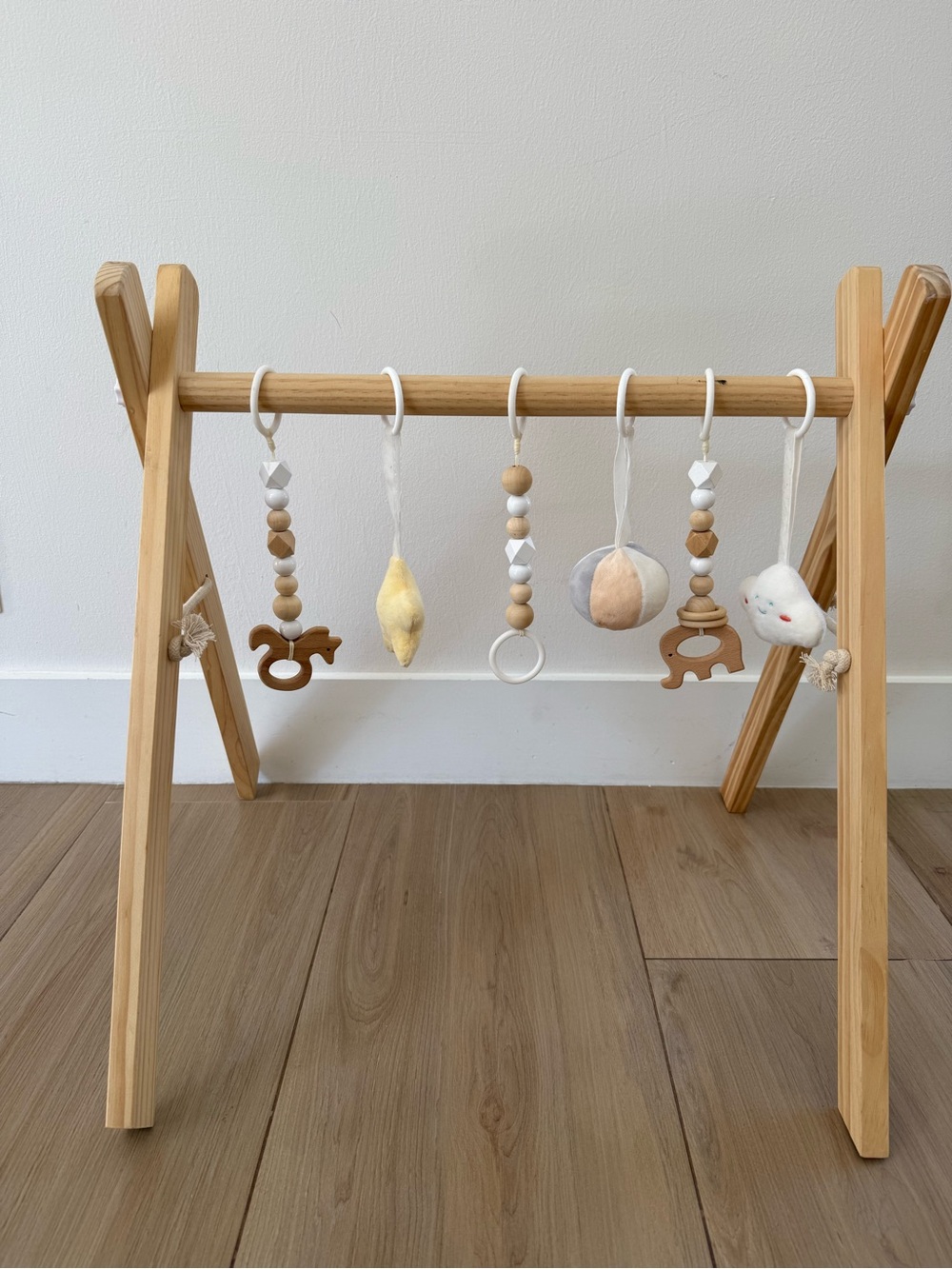 Wooden Baby Play Gym with Neutral Hanging Toys